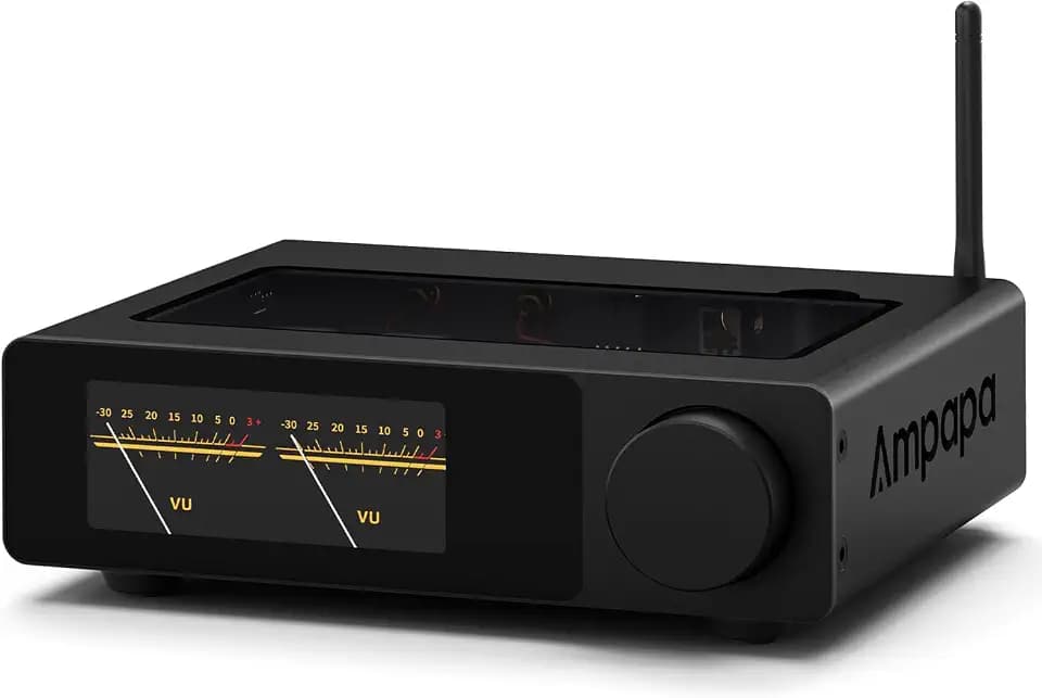 Ampapa D1 2-Kanal Bluetooth Verstärker: HiFi 300W×2 Stereo Amplifier mit HPF | Digitalem VU-Meter | SUB Pre-Out | Symmetrischem TRS-Eingang | Klangregelung & Fernbedienung für Heimkino- und Regalla