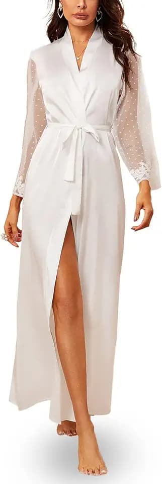 ROSVAJFY Lang Satin Sexy Kimono Robe Damen Seide Morgenmantel Bademäntel Patchwork Dessous Robe Lange Ärmel Gepunktetem Netz Spitze Nachtwäsche für Braut Brautjungfern Hochzeit Party