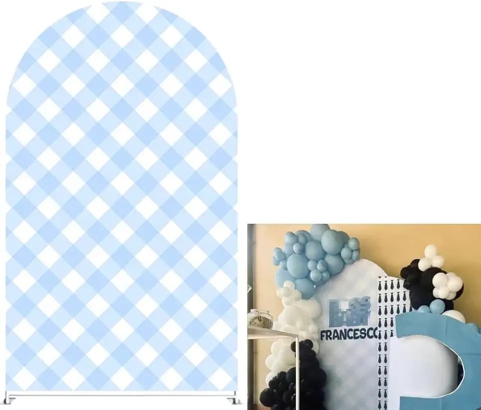 Blue and White Checkered Arched Fabric Backdrop Covers for Birthday Party Boss and Baby Boy Theme Arch Stand Cover Baby Shower Decoration(Cover Only)