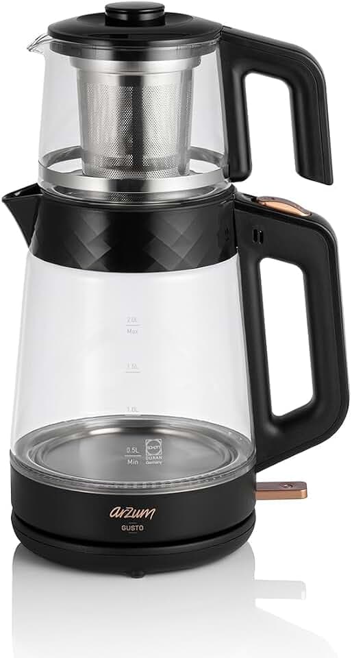 Arzum AR3101 Gusto Teemaschine, 1700 Watt Elektrischer Teebereiter mit 1,9 Liter Wassertank und 1,2 Liter Glaskanne, Warmhaltefunktion und Doppelheizsystem