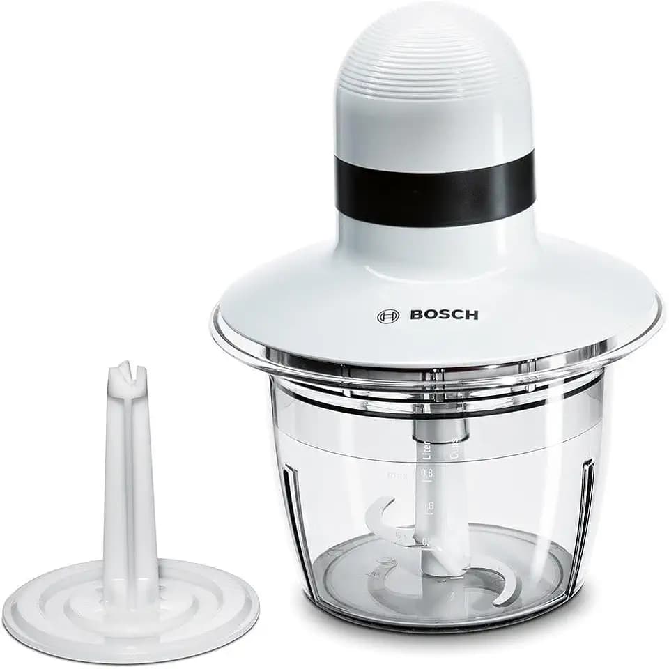 Bosch Universalzerkleinerer, elektrisch, schnell, Klingen aus Edelstahl, 800 ml Behälter, Scheibe zum Sahne schlagen, weiß, 400 W, MMR08A1