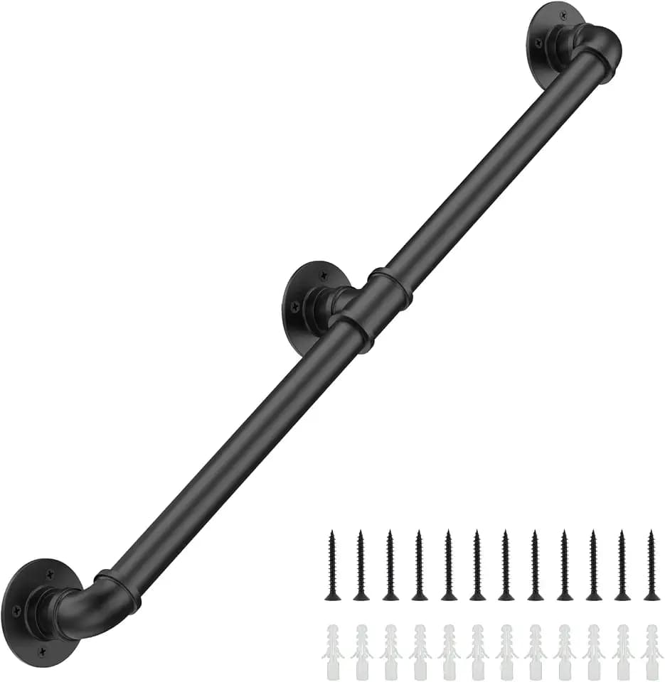 6FT Industrial Stair Railing Wall Mount Staircase Handrail φ1.3 Pipe Hand Rail for Steps Grab Bar Foot Rail Vintage Pipe Railing Black Deck Handrail for Outdoor Indoor Stairs Porch