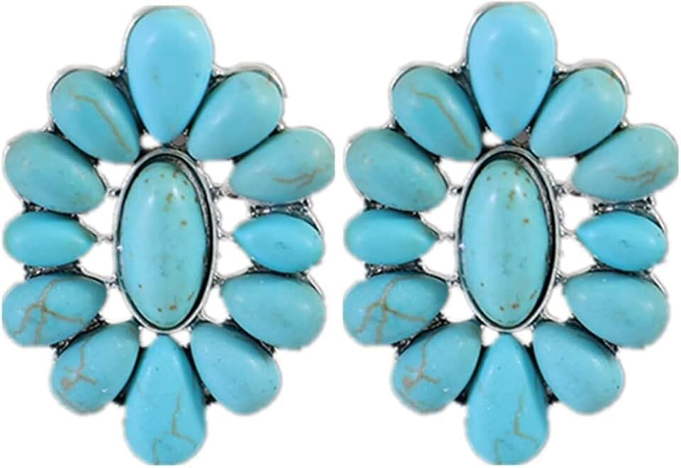 Bohemian Vintage Turquoise Oval Flower Drop Dangle Earrings Geometric Ethnic Teardrop Earrings Western Cowgirl Statement Jewelry