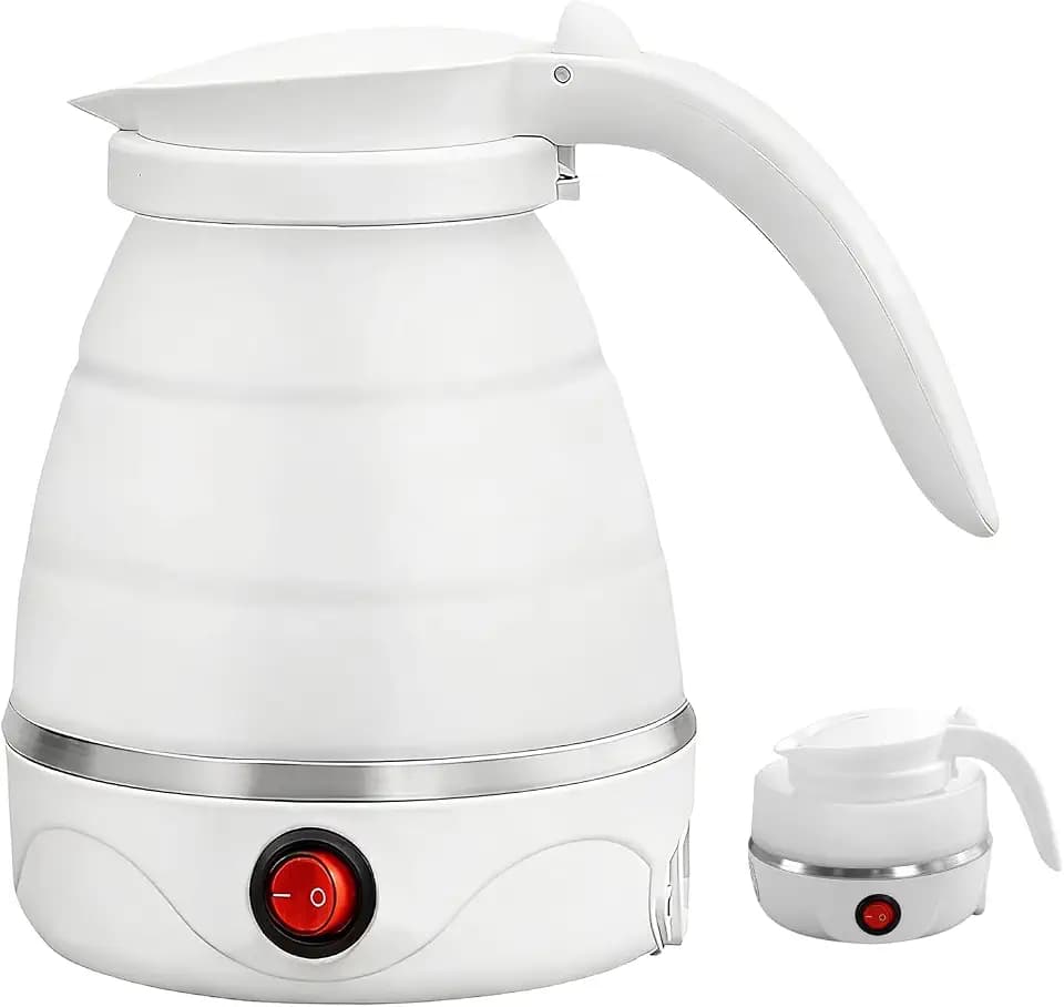 Faltbarer Wasserkocher 0.6L,Reisewasserkocher Klein Silikon,Mini Wasserkocher,5 Minuten Schnelles Kochen für Outdoor Camping Wandern (Weiße)