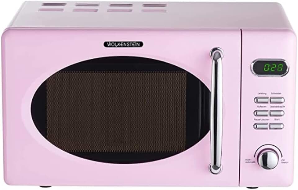 Wolkenstein Retro Stand Mikrowelle WMW720 I 700W Mikrowellenleistung I 20L Garraum I5 Leistungsstufen I 8 Garprogramme IAuftaufunktion I Metall-Gehäuse I Drehteller (24,5cm) I LED-Display (Pink)