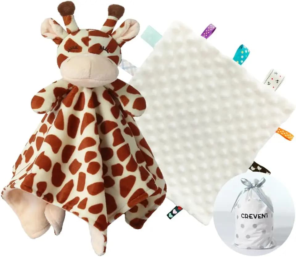 CREVENT Kuschelige Plüsch-Baby-Sicherheitsdecke, Baby-Bettdecke für Mädchen und Jungen Neugeborene, Geburtstagsgeschenk (Giraffe+Tag)