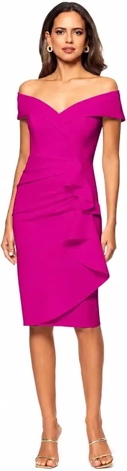 Xscape Women's Bodycon Midi Off-The-Shoulder Ruffle Dress with Center Back Zipper, Petite & Plus Size