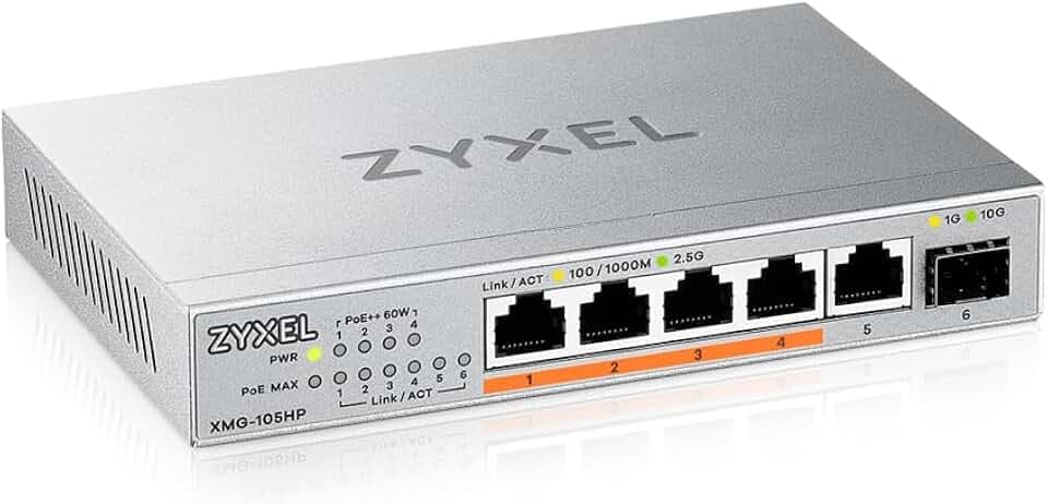 Zyxel Netzwerk Switch 5 Port | Unmanaged | 2.5G | PoE++ | XMG-105HP | 5x 2.5G (4x PoE++ mit 70W Budget) + 1x 10G SFP+, Lüfterlos, Plug-and-Play Installation, Netzteil Enthalten