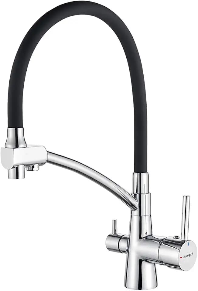 Ibergrif M22128-2 - 3 Wege Küchenarmatur, Spültischbatterie mit Schwarz Flexibler Auslauf und Brause, Wasserhahn Küche, Chrom, Silver