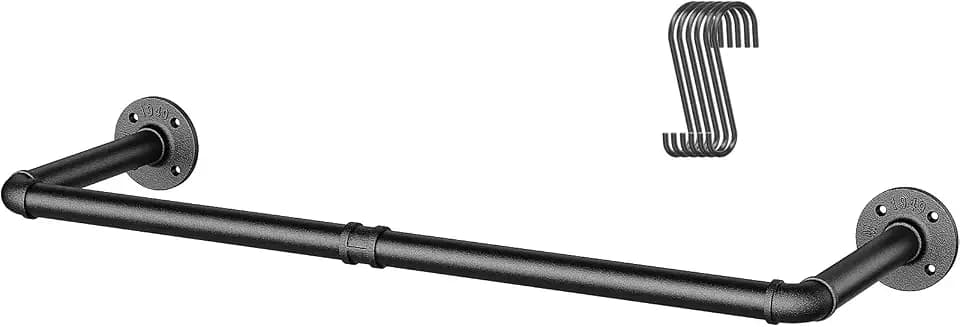 OROPY Industrielle Rohr-Kleiderstange, 92 cm, Wandmontage, abnehmbare Retro-Metall-Kleiderstange, Schwarz (Doppelboden)