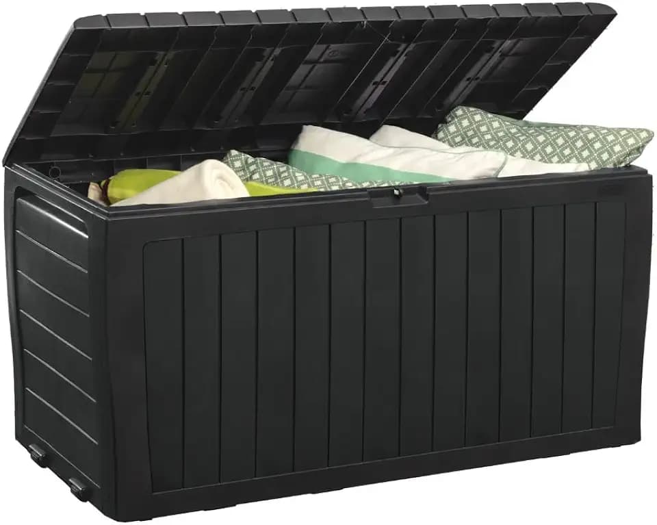 Keter Marvel Plus Deckbox aus Kunstharz, Organisation und Aufbewahrung für Terrassenmöbel, Outdoor-Kissen, Wurfkissen, Gartengeräte und Pool-Spielzeug, Dunkelgrau