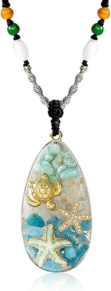 Da Piao Liang Ocean-Inspired Necklace With Conch, Starfish, Turquoise And Tiger Eyes For Summer Beach Vibes - Adjustable Rope Perfect For Women