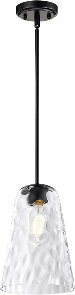 Edvivi Matte Black Pendant Light, 8 in. 1-Light Mini Hanging Light Fixture with Hammered Glass Shade, Adjustable Ceiling Light Fixture for Kitchen Island Living Room