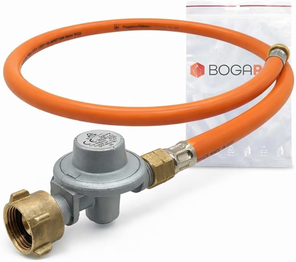 EN417 Adapter-Schlauch auf Gasflasche mit Gasdruckregler, Umrüstschlauch für Schraubkartuschen-Geräte, 1 m, 7/16-28 UNEF auf 3/8 LH, 1,5 bar 8 kg/h, Schlauch EN 16436-1, inkl. Polybeutel