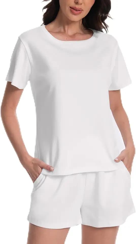 Schlafanzug Damen Baumwolle Pyjama Zweiteiliges Set mit Kurzarm Schlafanzugoberteile und Shorts Pyjamahose Weich Elastischer Bund Nachtwäsche Sleepwear mit Taschen Hausanzug Loungewear
