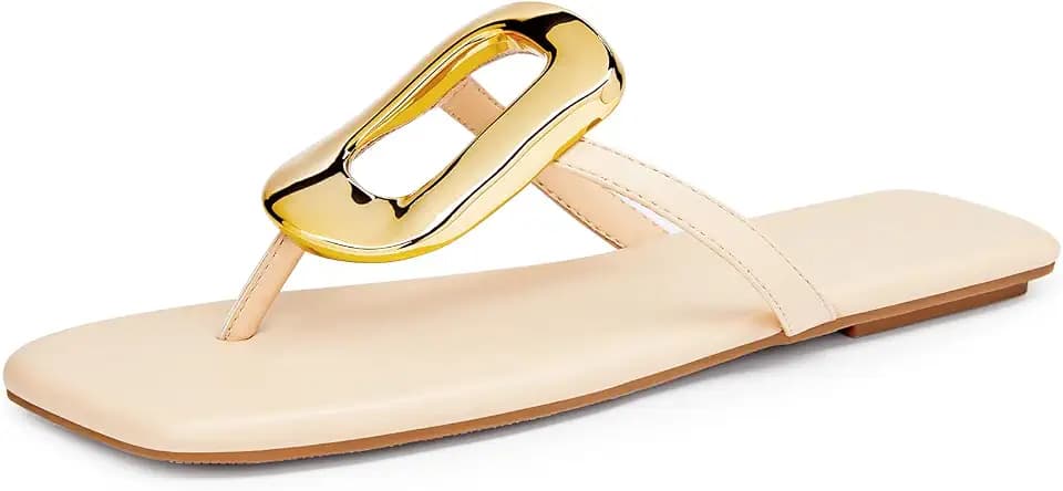 Coutgo Womens Flat Sandals Comfortable Flip Flops Slide Sandals Summer Beach Shoes with Metal Decoration