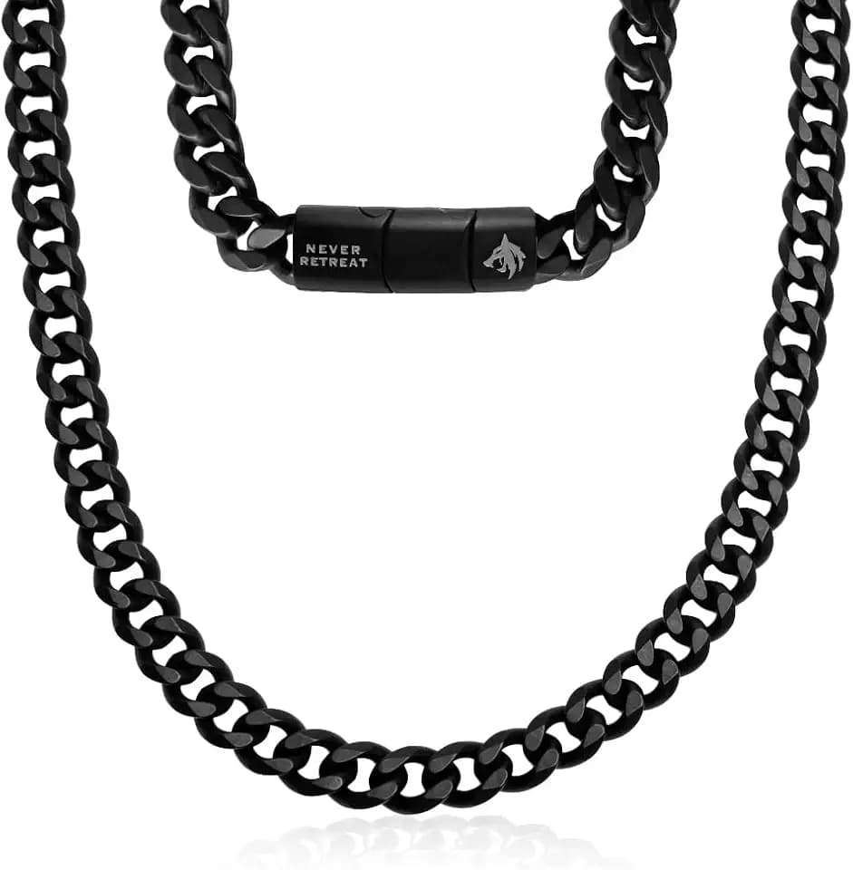 Hero Company Black Chain Necklace for Men 'Never Retreat Alpha Wolf'