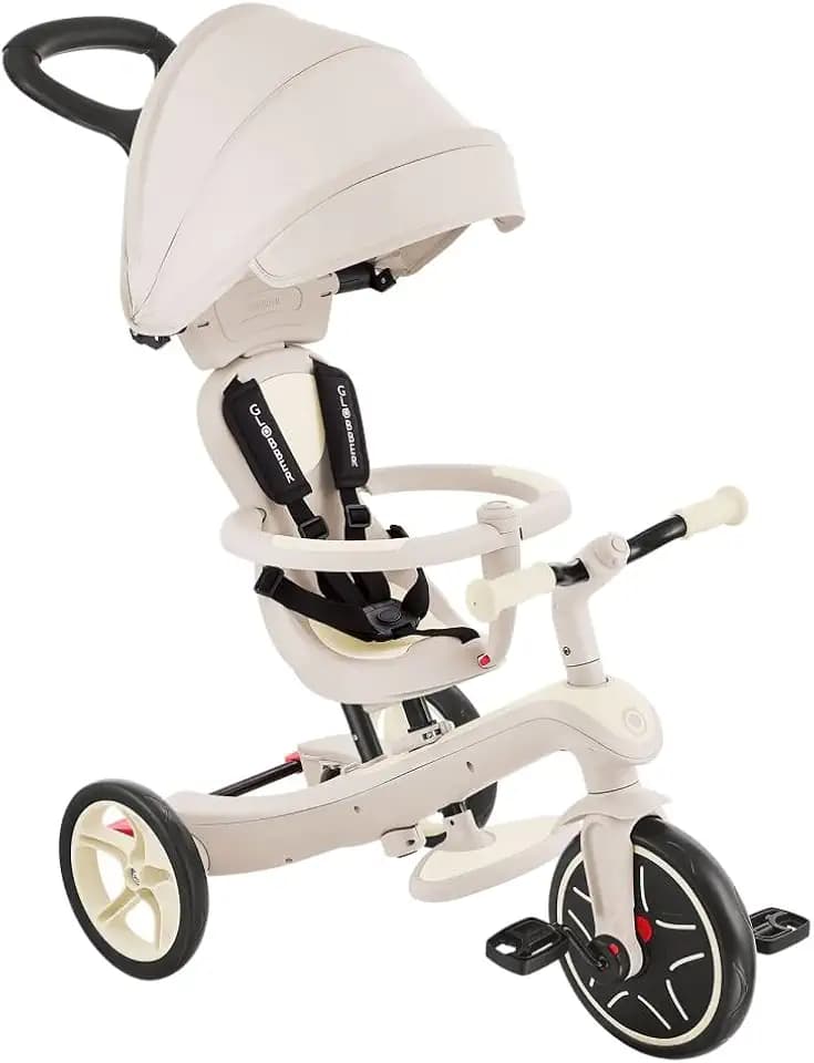 GLOBBER Explorer Trike 4in1 ECO – Kinderwagen, Dreirad und Laufrad, 10/8,5 Zoll, TPR-Sitz, höhenverstellbar, kokos weiß