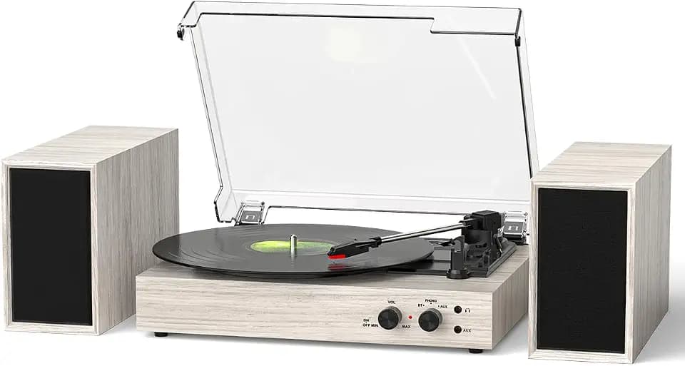 Vinyl Record Player with 2 External Speakers, PC Recording, Oak