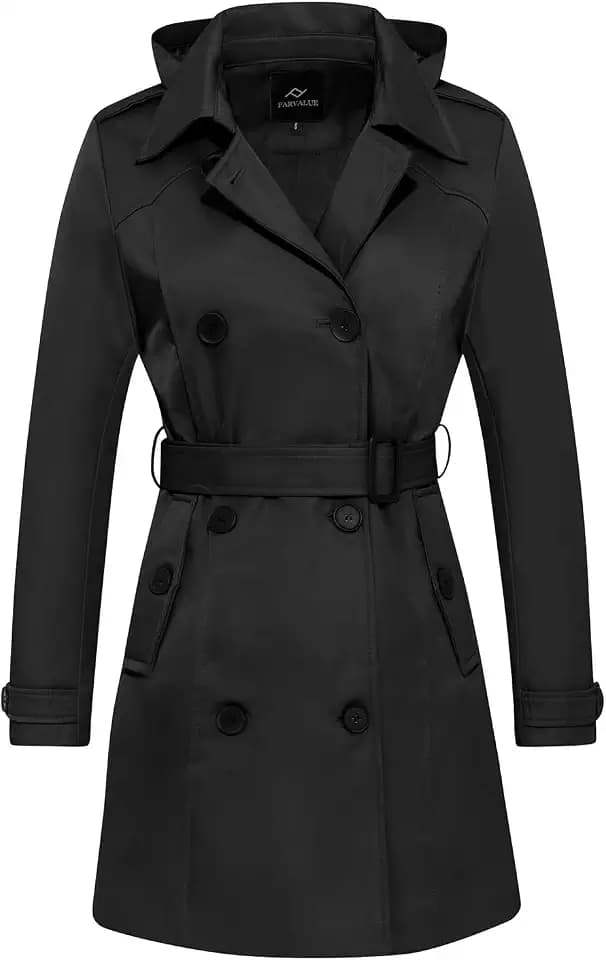 FARVALUE Women's Waterproof Trench Coat Double Breasted Windbreaker Classic Belted Lapel Overcoat with Removable Hood