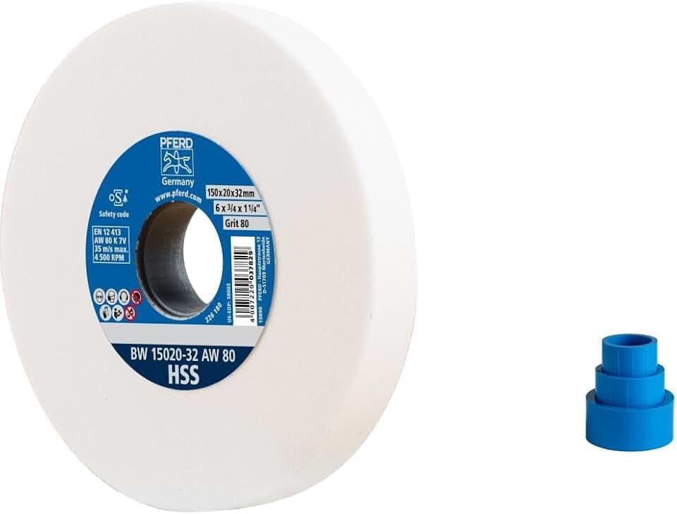 PFERD TOOLS Schleifbockscheibe HSS, 150x20x32mm, A80, 39009699 – Mittelharte Schleifscheibe zum Schärfen von HSS-Bohrern, mit Reduzierhülsen (25/20/16mm)