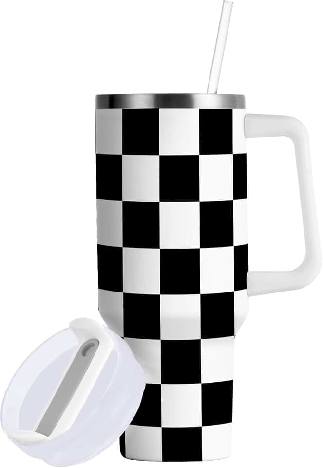 30 oz Tumbler with Straw & Handle - 2 in 1 Lids Leak Proof Tumblers - Large Insulated Stainless Steel Cup - BPA-Free Water Bottle Travel Metal Mug for Women Man, Black and White Checkered Plaid