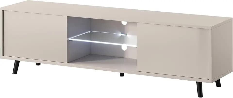 Selsey TV Schrank Board Sideboard Fernsehtisch Fernsehschrank 140 cm LED Beleuchtung Graubeige Lefyr, Grau