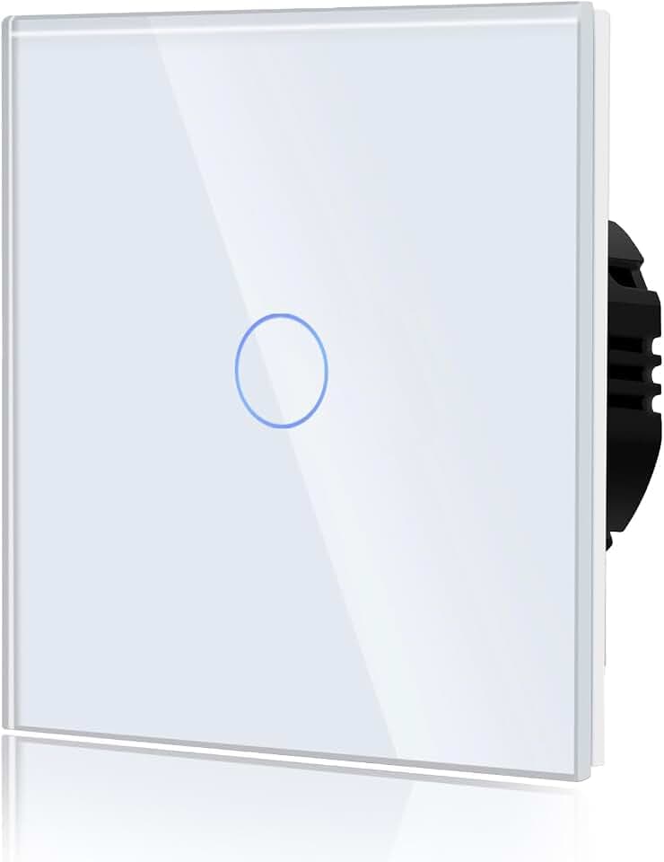BSEED Touch Lichtschalter aus Glas, Modern Schalter Unterputz, Wandschalter mit LED Hinterlicht (Kein Neutralleiter erforderlich), KEIN WLAN, 86mm 1 Fach 2 Wege Weiß