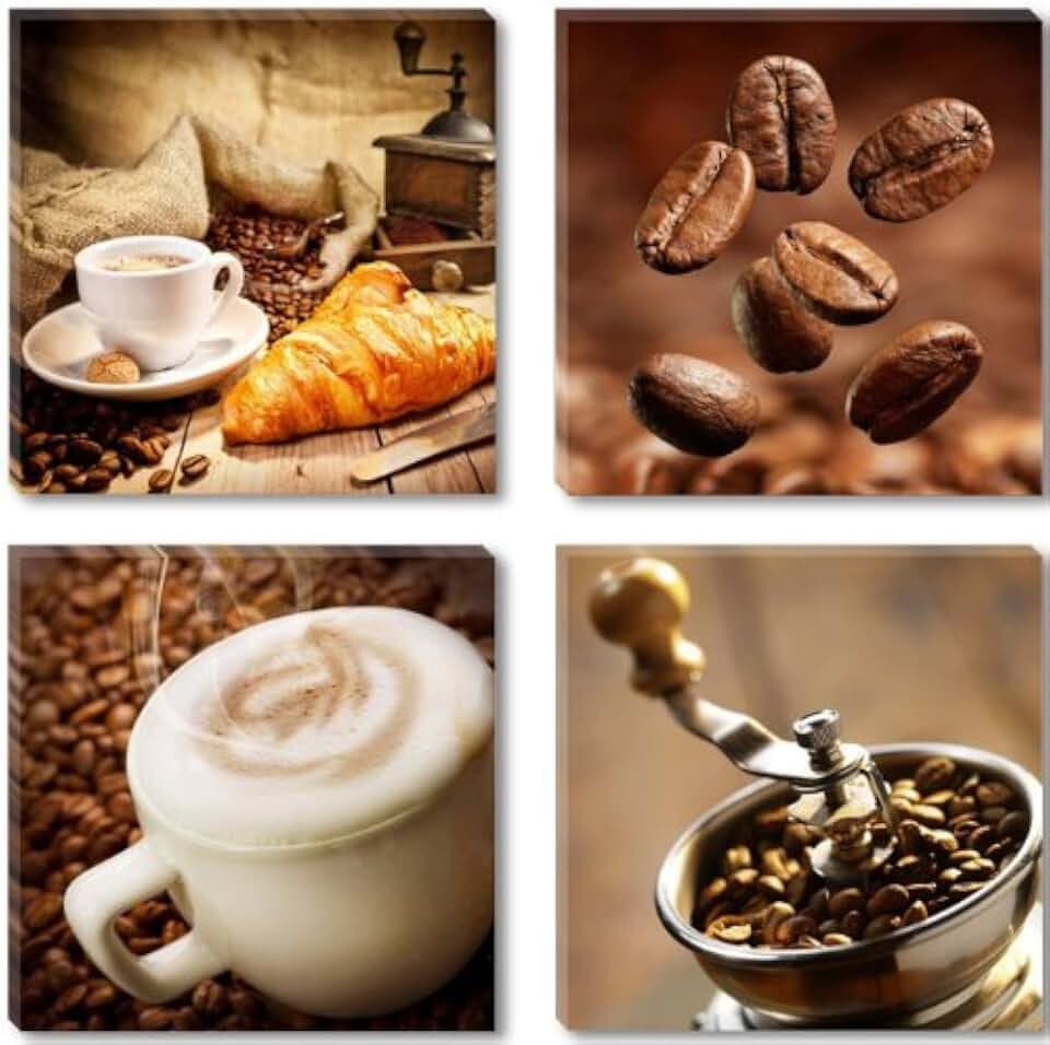 Visario Leinwandbild Kaffee Motiv 60x60 cm 4-teilig je 30x30 cm 6603 Cappuccino Kaffeebohnen Croissant Kaffeemühle Braun Beige Wandbild Küche Esszimmer Café Deko Wanddekoration Fertig auf Holzrahmen