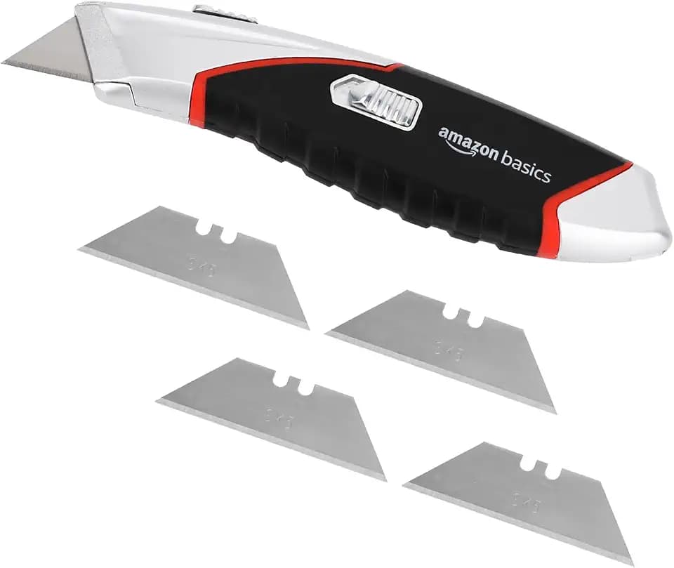 Amazon Basics robustes, einziehbares, ergonomisches Allzweckmesser mit automatischer Ladefunktion, 3-Positionen-Feststellklinge mit insgesamt 5 Klingen, Schwarz/Silberfarben