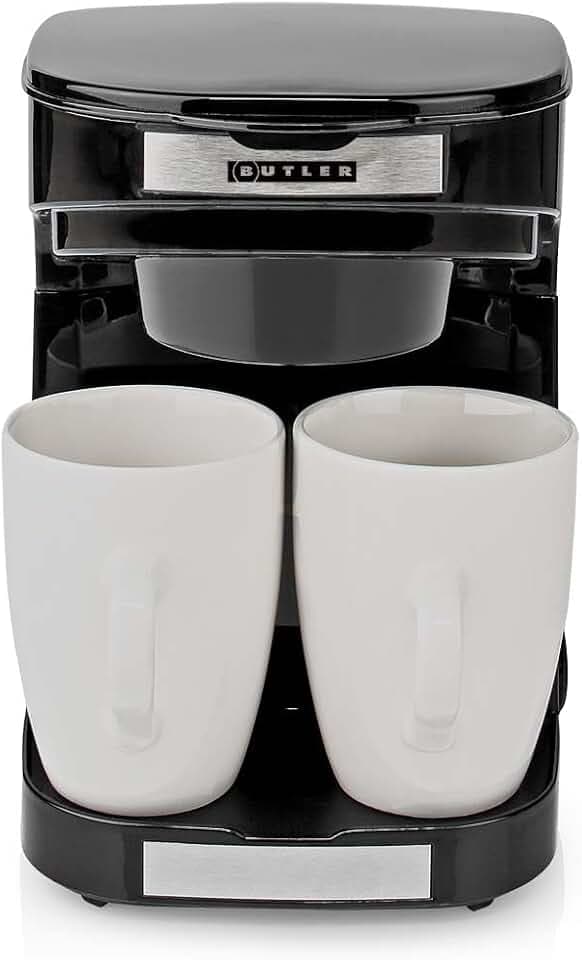 Butler Kaffeemaschine, Filterkaffeemaschine, Coffee Machine, Kaffemaschine ohne Thermoskanne - 2 Porzellantassen - 0,25 L - 450 W - energiesparend - automatische Abschaltung - Nylonfilter - schwarz