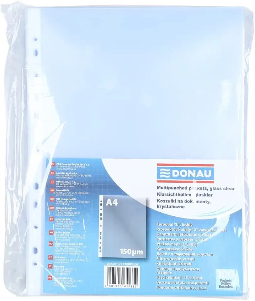 DONAU Prospekthüllen SUPER STARKE / 100 Stück/Din A4/ Glasklar Oben Offen Klarsichthüllen Sicht-Hüllen Gelochte Plastikhülle für Dokumente Papiere Akten Ordner/PP/Transparent 150 Mikron