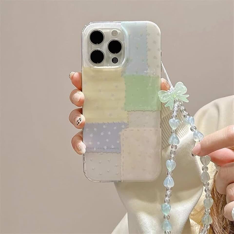 for iPhone 14 pro max Case, Pastel Patchwork Phone Cover with Crystal Heart Beaded Strap & Bow Charm, Cute Kawaii Clear Protective Case for Women Girls(Lanyard+Phone case, iphone14promax)