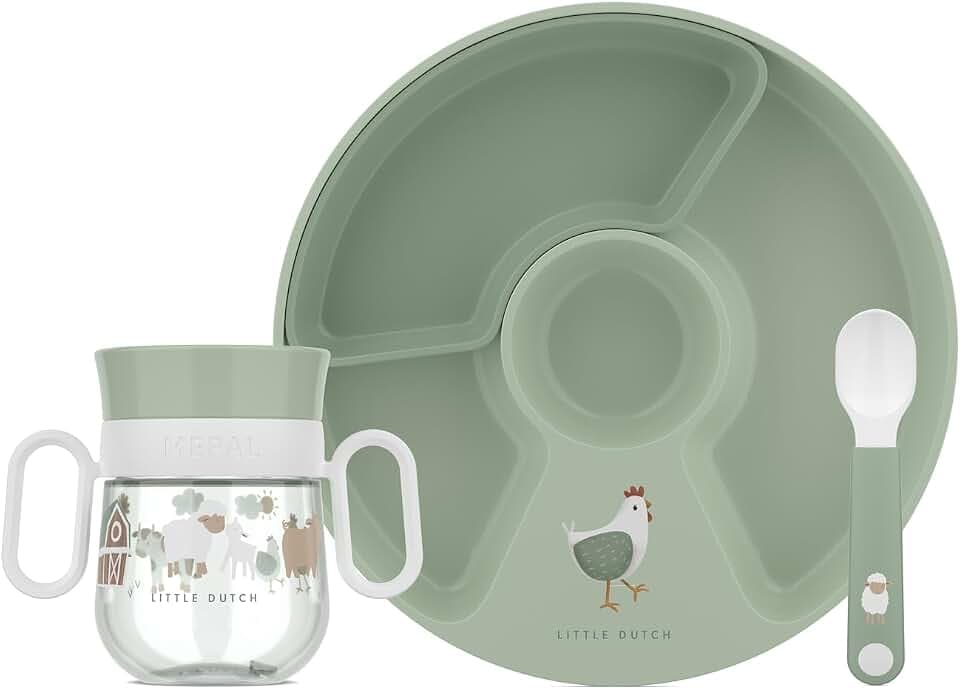 Mepal - Babygeschirr Set Mio Little Dutch - Inklusive auslaufsicherem Trinklernbecher, Kinderteller mit Unterteilung & Lernlöffel - Spülmaschinengeeignet & BPA frei - 3-teilig Set - Little Farm