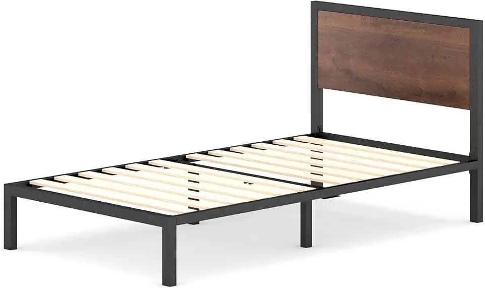 Zinus Mory Bett 90x190 cm – Höhe Bettgestell 30 cm – Plattform aus Metall und Holz mit Kopfteil – Braun