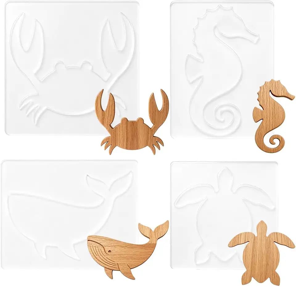 INFUNLY 4Pcs Ocean Animal Acrylic Router Template Set, Sea Creature Woodworking Inlay Template, Reusable Tracing Stencil for Nautical‑Theme DIY Wooden Craft Decor