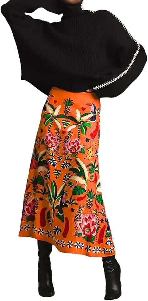 THLAI Womens Skirt Midi Skirt Tropical Plant Print Pink Zipper A-Line Long Skirts Spring Summer Skirt Floral