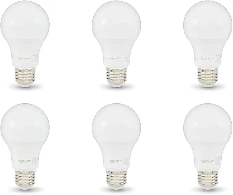 Amazon Basics A19 LED Light Bulbs, 60W Equivalent, 9W, E26 Standard Base, Daylight White 5000K, Dimmable, 10,000 Hour Lifetime, 6-Pack