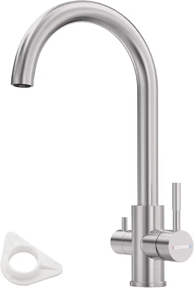 DAYONE 3 Wege Wasserhahn Küche, Trinkwasserhahn mit 2 Hebel, 360° Drehbar Wasserhahn Küche Edelstahl, 3-in-1 Mischbatterie für Wasserfilter Küchearmatur, Gebürstet
