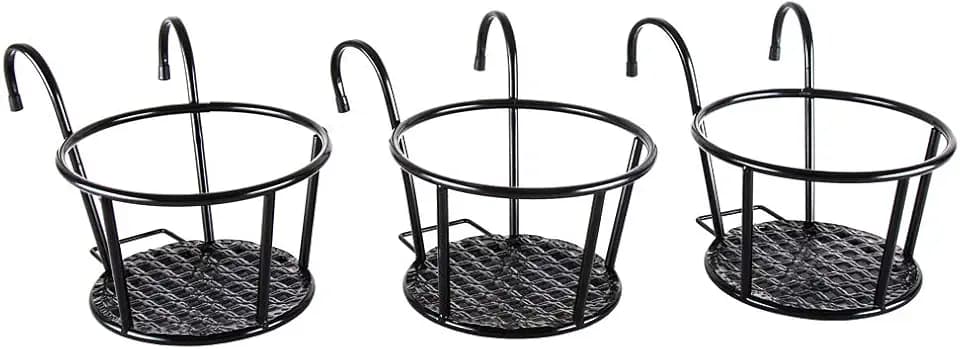 HowRU Iron Art Hanging Baskets Flower Pot Holder - Over the Rail Metal Fence Planters - Pack of 3 - Black