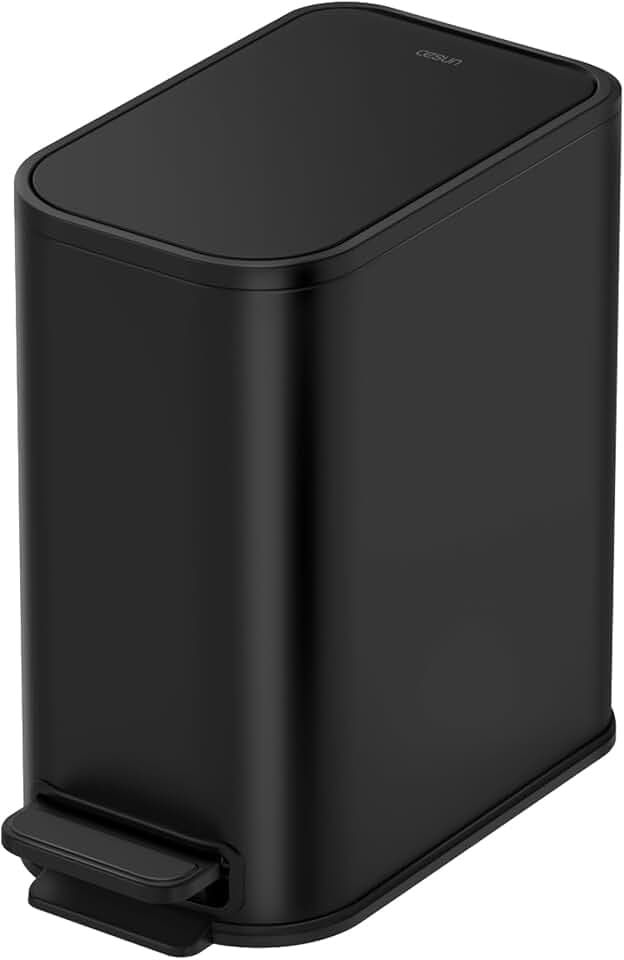 Cesun Schwarzer Edelstahl-Mülleimer, 5 Liter, Schmaler Mülleimer mit Deckel, Fußpedal, Abfalleimer für Badezimmer, Schlafzimmer, Büro, Mattschwarz
