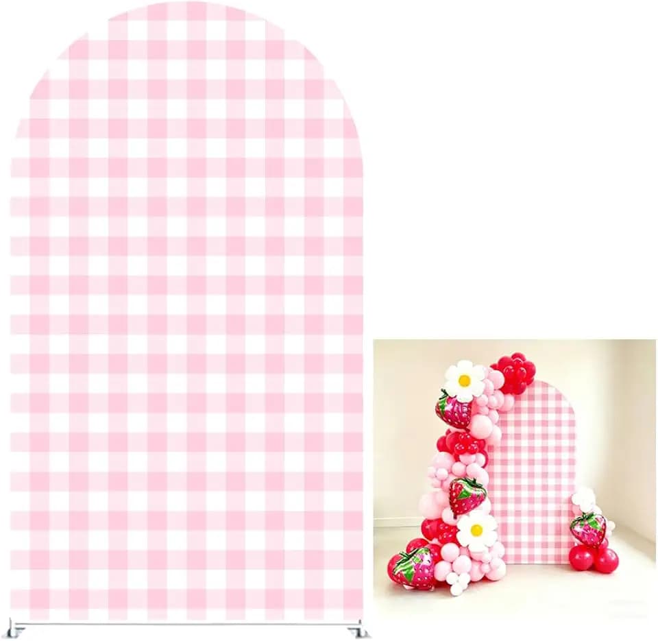 Strawberry Theme Arched Fabric Backdrop Covers Photography Background Pink Plaid Arch Stand Stretchy Covers for Kids ONE Birthday Baby Shower Party Decor Props (2.6x6 FT Only Cover)