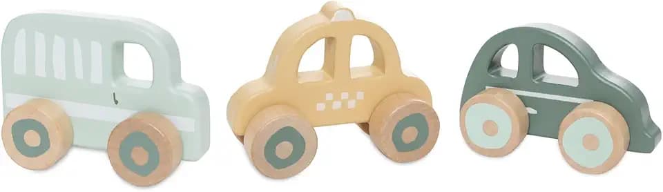 Jollein Holzautos – 3er-Set Spielautos – On The Go – Baby Spielzeug aus Holz – Auto, Taxi & Bus – Fördert Fantasie & Motorik – Holzspielzeug – Gelb/Grün/Mint
