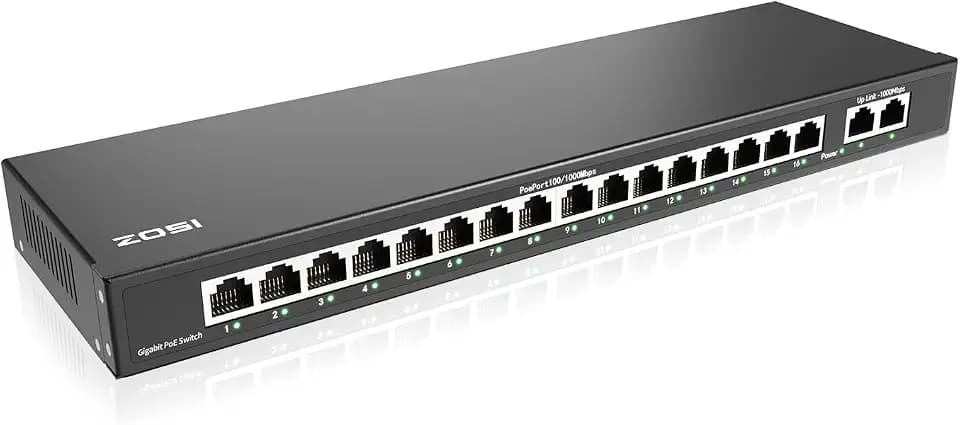 ZOSI 16 Port Gigabit PoE Switch with 2 Gigabit Uplink Ports, 156W for 16 PoE+ Ports, IEEE802.3af/at, Unmanaged Ethernet Switch, Plug & Play, Sturdy Metal Casing, Desktop/Wall Mount