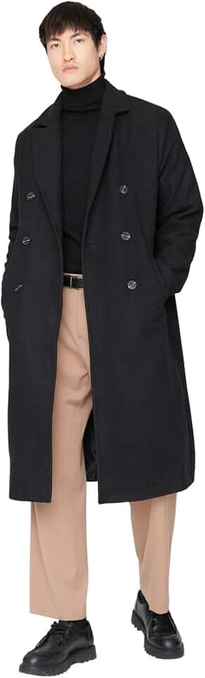 Long Schwarz Double Breasted Stamp Winter Coat - Loose Fit TMNAW23KB00003