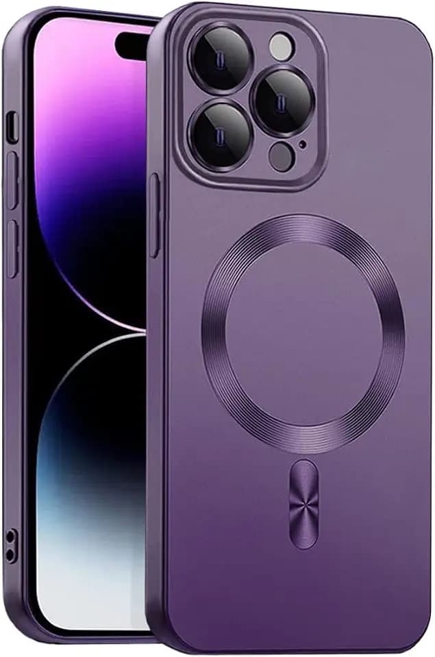 ICOVERI Magnetische TPU-Gel-Hülle, kompatibel mit iPhone, matt, Metallic-Effekt, kompatibel mit Magsafe, Kameraschutz, Displayschutz, militärischer Schutz, Flexibles TPU. (Lila, iPhone 14 PRO MAX)