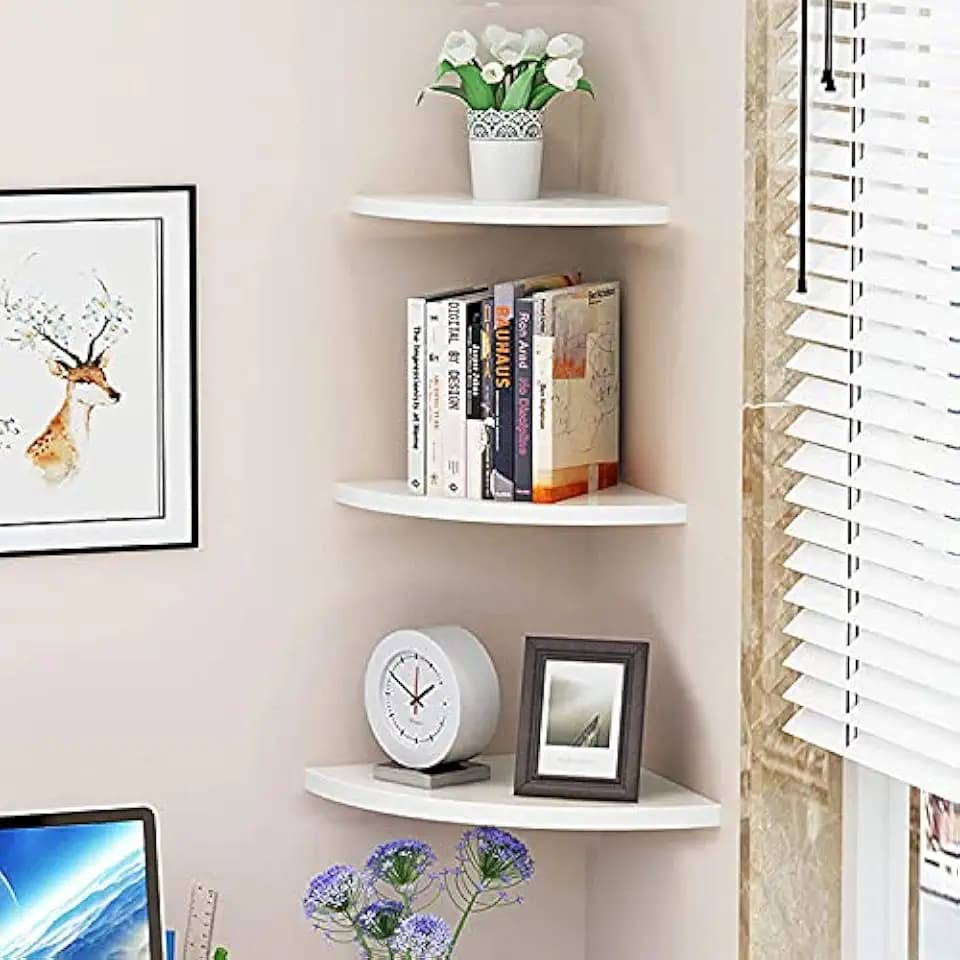 GOTOTOP Floating Corner Shelf, 3-Tier Wall Shelves Wall Mounted Storage Rack Storage Shelf Wooden White for Bathroom Bedroom Living Room Kitchen Office