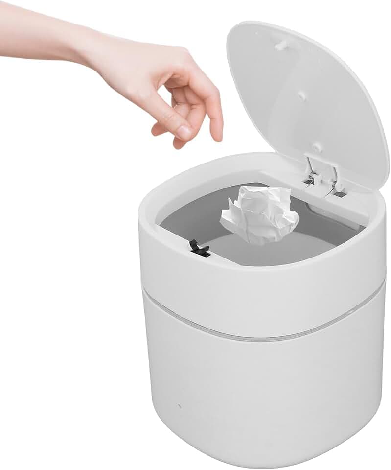Tissting Tischmülleimer mit Deckel, 1,5L 14 x 13 cm Kleine Kunststoff Tischabfalleimer Weiß Desktop Make Up Abfalleimer Mini Mülleimer Kosmetikeimer für Badezimmer, Schlafzimmer