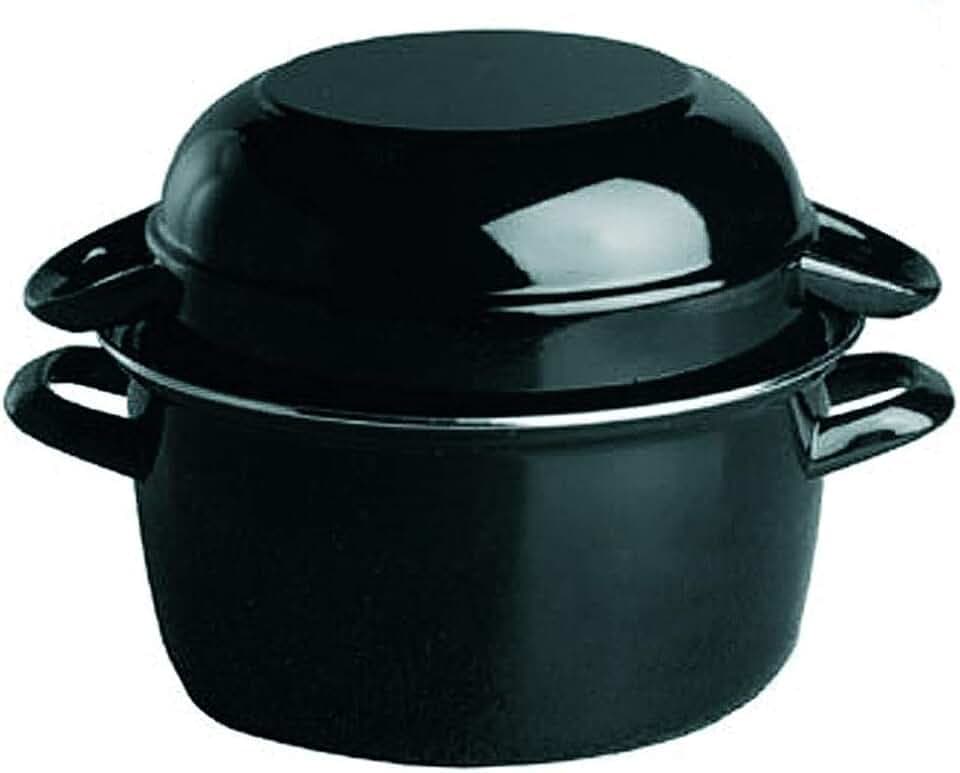 APS 00627 Servier-Muscheltopf für 2 kg Ø 24cm, schwarz emailiertes Stahlblech mit Edelstahlrand, Inhalt: Topf 5 Liter Deckel: 2,5 Liter, Nicht zum Kochen geeignet!