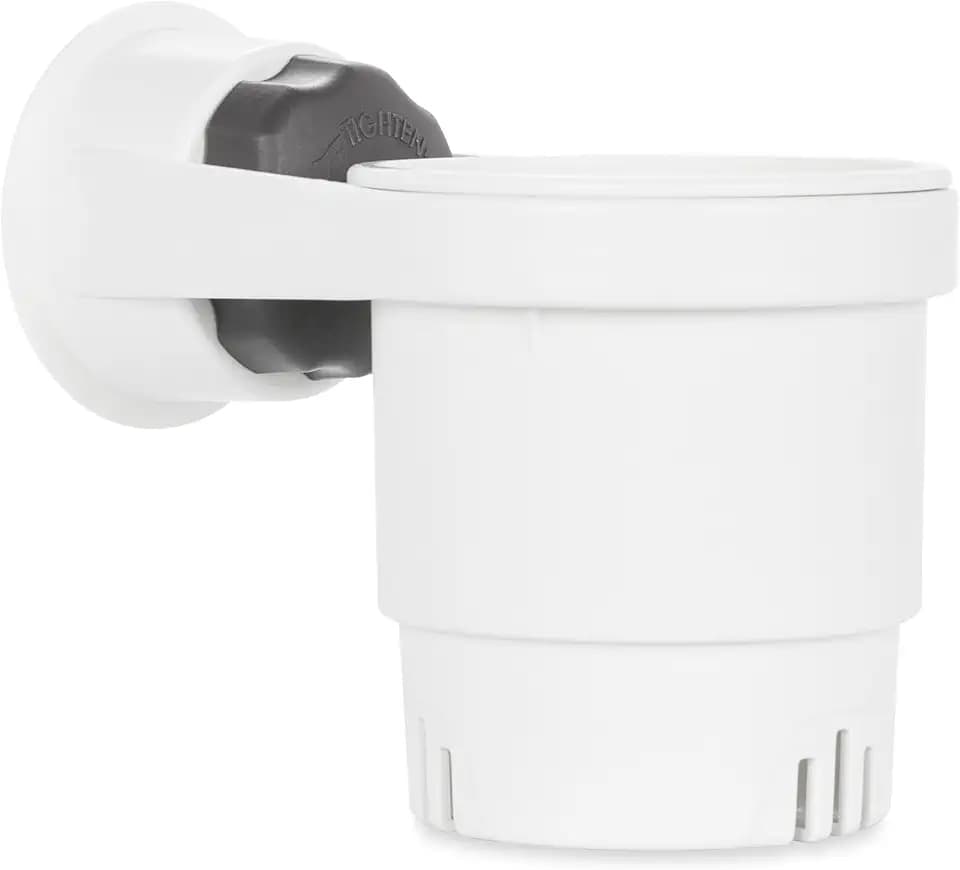 Camco RV Cup Holder with Mechanical Suction – Portable Drink Holder for RVs, Campers, & Boats - Features Heavy-Duty Suction Cup Mount Compatible w/Smooth, Non-Porous Surfaces - White (53084)